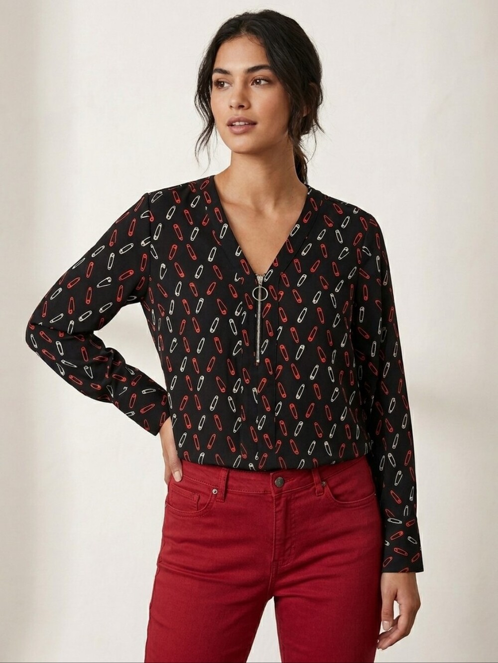 Rickis Black Blouse with Red & White Safety Pin Print and zip pull Size M